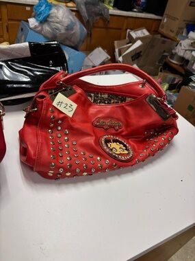 Betty Boop Red Studded Shoulder Bag with Logo Patch